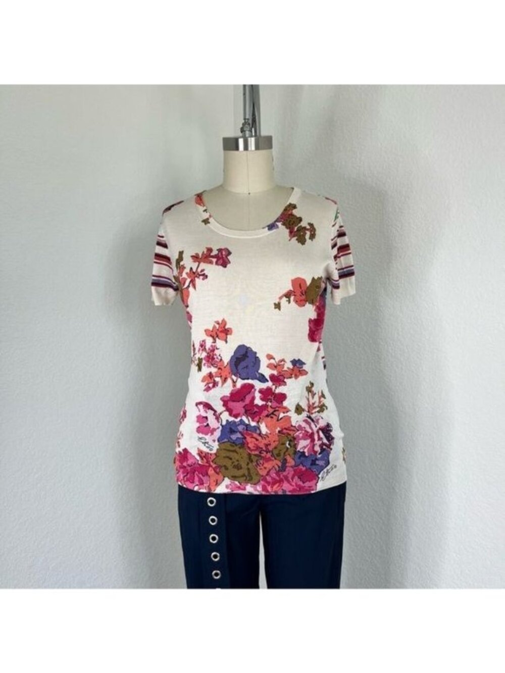 Etro Silk Floral Striped Crew Newck Short Sleeve Sweater Jumper